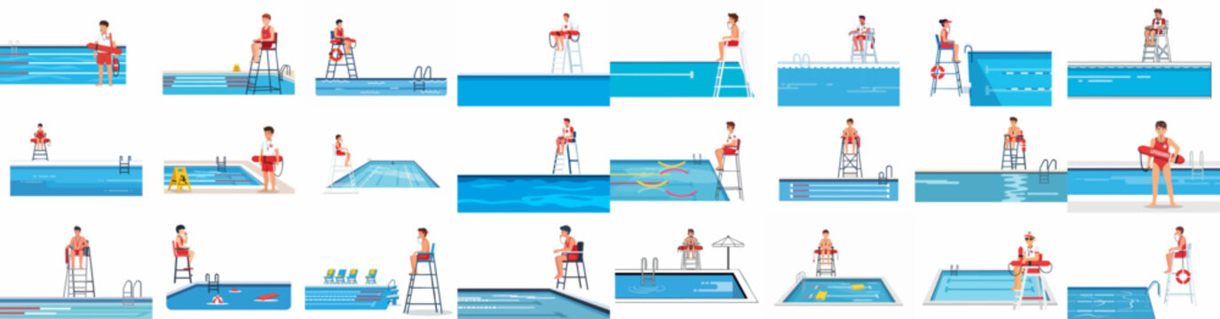 A comprehensive collection of swimming pool lifeguard characters and safety equipment illustrations, showing professional rescue personnel watching over water safety.