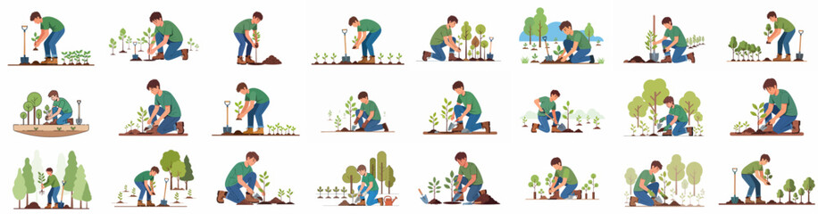 Collection of flat vector illustrations showing a young man planting trees, seedlings, and saplings, promoting gardening, environment care, and reforestation efforts. © Sabiqul
