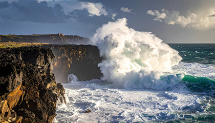 waves crashing on rocky coastline, 