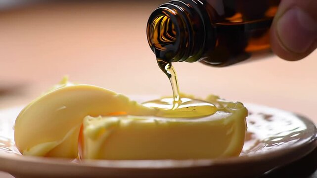 A dark bottle dispenses liquid onto a pat of butter, close-up with shallow focus