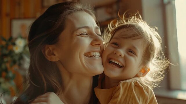 A heartwarming scene of a mother lovingly holding her baby close, both sharing a beautiful smile. The bond between parent and child is evident in this intimate snapshot.