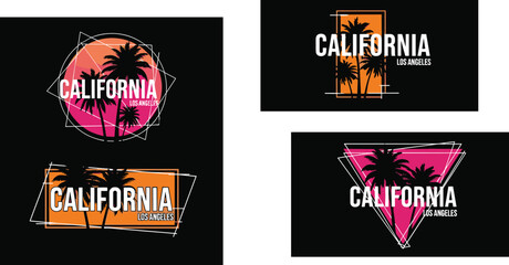 Retro California Los Angeles T-shirt Graphic Set with Tropical Palm Trees and Sunset Backgrounds for Synthwave Aesthetic Streetwear and Vacation Apparel