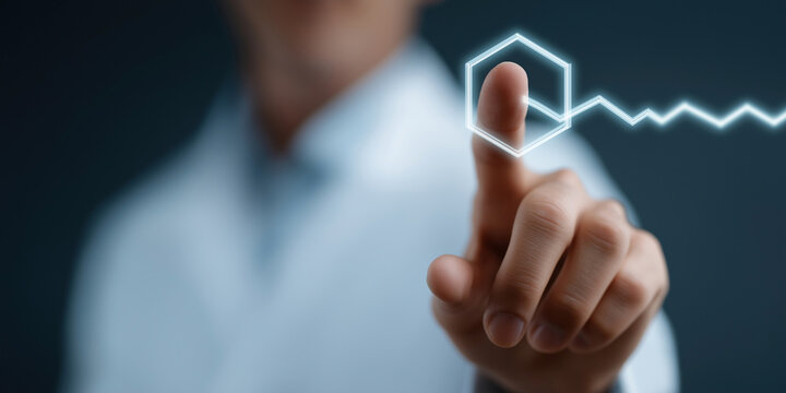 Futuristic medical professional interacts with glowing virtual interface symbolizing scientific innovation. - Powered by Adobe