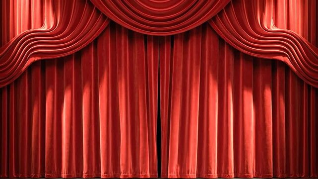 Red curtain opening dramatically, revealing dark stage background.