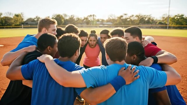 Youth Sports Team Group Huddle Celebration with Diverse Teenagers and One Female Coach on a Sunny Day
