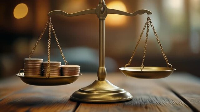 Brass balance scale with coins symbolizing financial decision-making justice and economic equilibrium