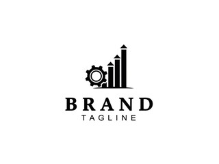 Naklejka premium Gear and Arrow-Topped Bar Chart Logo – Monochrome Business Branding for Growth and Industry