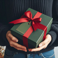 Close-up of Woman Holding a Luxury Green Gift Box with Red Ribbon for Christmas and Holiday Season