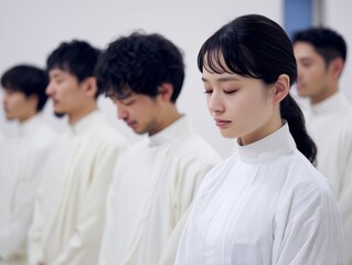Obraz premium 目を閉じて静かに黙想する白い服を着た男女が心を整える集団の時間