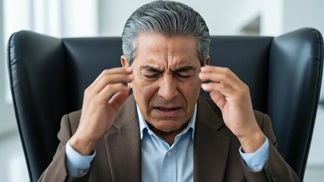 Stressed Middle-Aged Man in Business Suit Contemplating Challenges in Office Setting