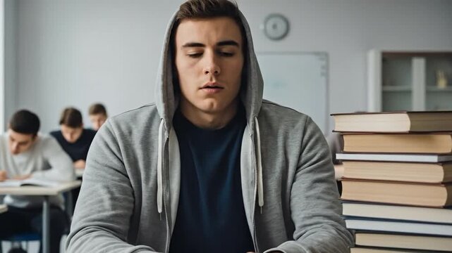 Stressed Student in Classroom Overwhelmed by Studies and Homework Pressure