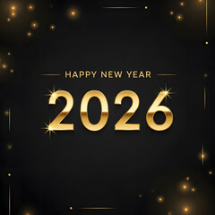 Glistening happy new year 2026 in bold golden numbers with sparkling lights on a sleek black background