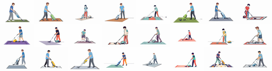 Diverse illustrations of people vacuuming rugs with various types of vacuum cleaners, representing household chores and cleaning activities. © Sabiqul
