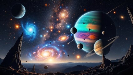 Vibrant cosmic landscape with swirling galaxies and colorful planets under a starry sky.