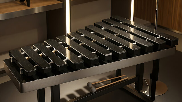 A detailed look at a professional black vibraphone with mallets