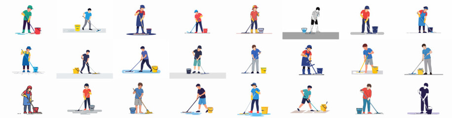 Collection of 21 flat vector illustrations depicting diverse individuals performing cleaning duties, janitorial work, and floor mopping with buckets and tools. © Sabiqul