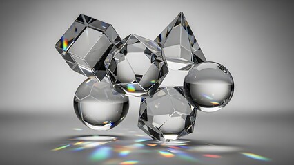 A collection of clear geometric crystal shapes and spheres casting colorful light refractions on a reflective surface.