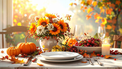 dinner table setting with autumn harvest, 