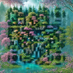 Mystical forest with cascading waterfalls, magical mushrooms, and lush greenery