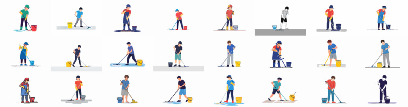 Collection of 21 flat vector illustrations depicting diverse individuals performing cleaning duties, janitorial work, and floor mopping with buckets and tools.