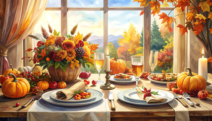 dinner table setting with autumn harvest, 