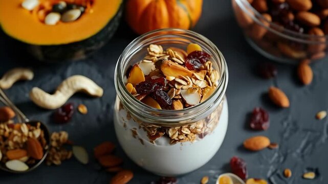 This captures a vibrant and appetizing yogurt parfait made with fresh berries, crunchy nuts, and wholesome oats. The parfait is presented in a clear jar that showcases the creamy white yogurt