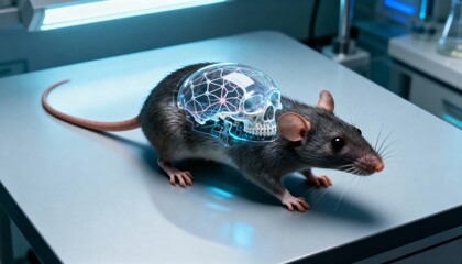 DNA analysis experimental mouse with brain scan overlay on lab bench for biotech discovery workflow