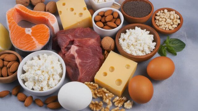Assorted protein-rich foods including meat cheese eggs nuts and seeds showcasing nutritional diversity and health focus