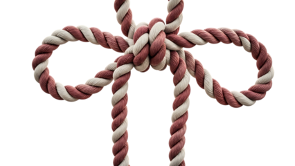 A bowline knot tied in a red and white rope isolated on transparent background