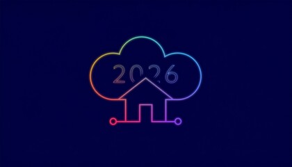 Futuristic smart home concept with cloud and 2026 year in neon lights