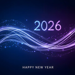 Obraz premium Happy new year 2026 glowing light lines and particles on dark blue background