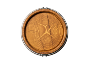 Miniature maple wood aging barrel with dark amber patina, intricate grain lid, and dark metal hoops, shot 90 degrees overhead on transparent, ample copy space. Concept for luxury goods advertising