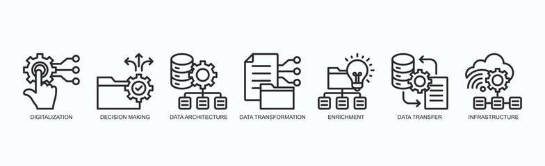 Velocity Engine Icon Set Isolated Vector With Icon Of Digitalization, Decision Making, Data Architecture, Data Transformation, Enrichment, Data Transfer, Infrastructure In Outline Style