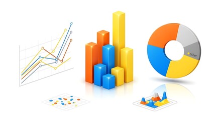 Collection of colorful business charts and graphs, including a bar chart, pie chart, and line graph, isolated on white background