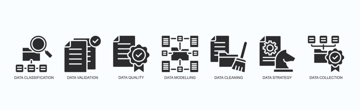 Strategic Data Icon Set Isolated Vector With Icon Of Data Classification, Data Validation, Data Quality, Data Modelling, Data Cleaning, Data Strategy, Data Collection In Black Style