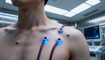 bio tech sensor leads on shoulder measure vital signals for real time analytics in hospital lab