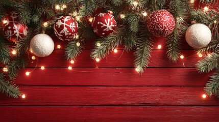 Festive red wooden background framed with pine branches white and red christmas ornaments and warm fairy lights