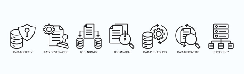Digital Integrity Icon Set Isolated Vector With Icon Of Data Security, Data Governance, Redundancy, Information, Data Processing, Data Discovery, Repository In Outline Style