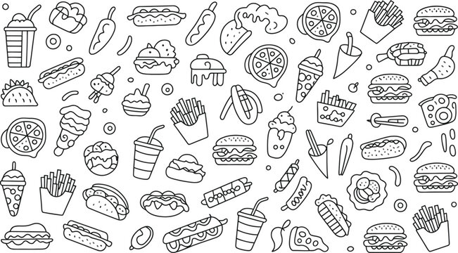 Collection of hand drawn fast food items on white background Vector illustration