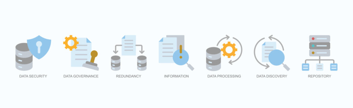 Digital Integrity Icon Set Isolated Vector With Icon Of Data Security, Data Governance, Redundancy, Information, Data Processing, Data Discovery, Repository In Flat Style