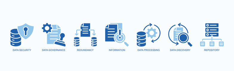 Digital Integrity Icon Set Isolated Vector With Icon Of Data Security, Data Governance, Redundancy, Information, Data Processing, Data Discovery, Repository In Two Color Glyph Style