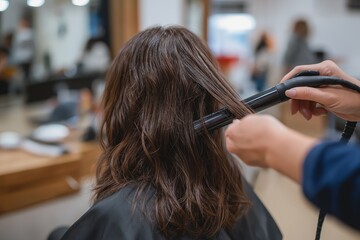 Fototapeta premium Hairstylist Straightening Brown Hair