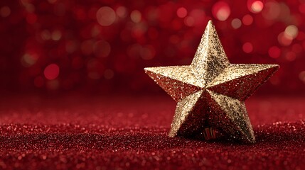 Sparkling golden glitter star rests on rich red tinsel background celebrating the magic of the holidays