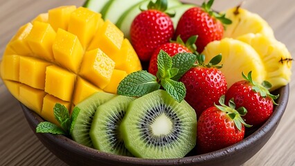 Fresh fruit bowl with mango, kiwi, strawberries, and pineapple