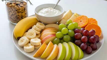 Fresh fruit platter with yogurt and granola for healthy snacking