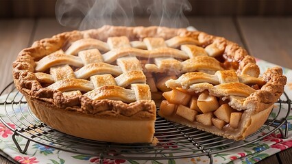 Delicious homemade apple pie with a slice cut out on cooling rack