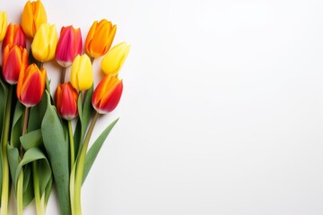 Naklejka premium Beautiful bouquet of colorful tulips lying on a white background, creating a vibrant and elegant floral arrangement