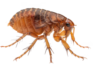 Highly detailed microscopic view of a reddish-brown adult flea with a chitinous exoskeleton and spiny legs, positioned in a crawling stance against a stark white, isolated on transparent background.