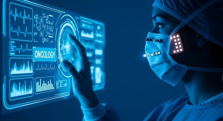 Oncology doctor using futuristic holographic interface with medical data and graphs, advanced technology in healthcare