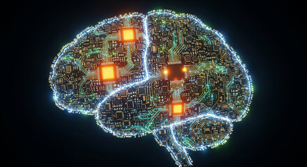Glowing circuit board brain with microchips and neon lights